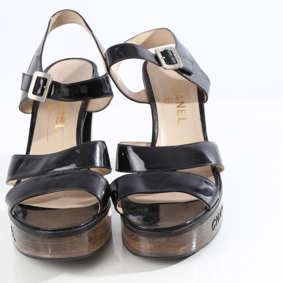 Chanel Vintage Black Logo Lucite Led  Platform SandalsPatent Leather Heels - Picture 5 of 14